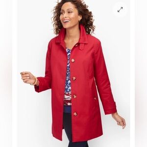Talbots Cotton Blend Red Spring Trench Coat w Plaid Detail on Collar, size large
